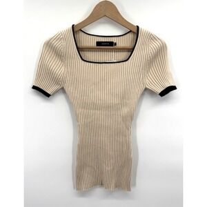 Y2K Womens Small Top Tan Ribbed Knit Slim 90s Fit Square Neck Black Trim Layers